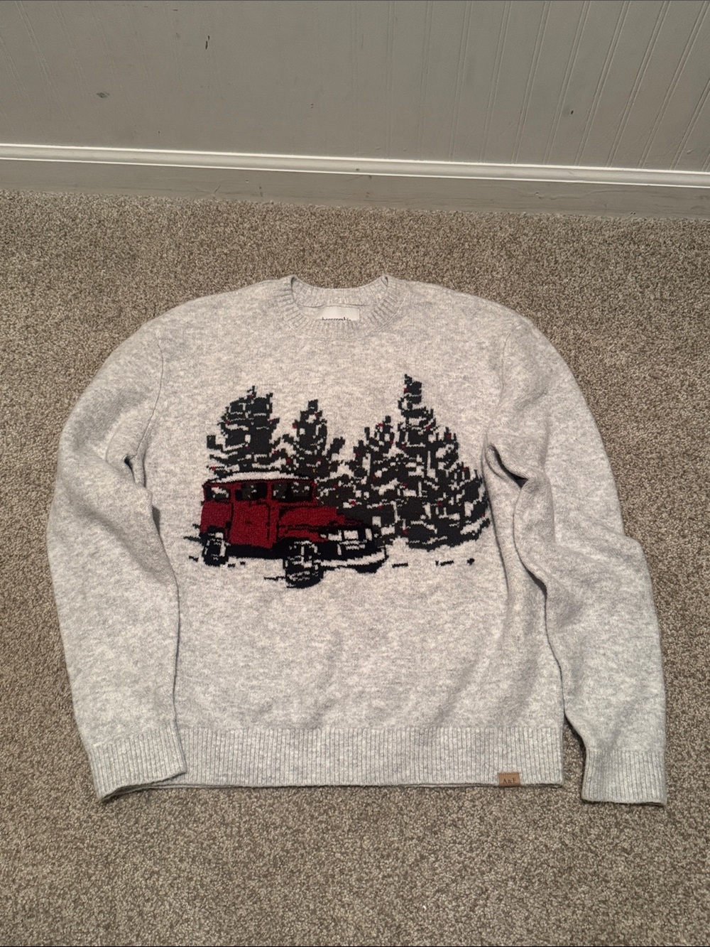 NWOT Abercrombie kids Light Gray Crewneck Sweater with Red Truck Graphic